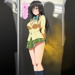 ai_generated aqua_bow aqua_bowtie black_hair blue_socks blush bow bowtie breasts brown_eyes clothing covering_crotch covering_privates embarrassed fart fart_cloud fart_everywhere farting farts female flatulance footwear from_below gassy gassy_female green_bow green_bowtie green_skirt have_to_pee high_school_girl kneehighs kotegawa_yui long_hair miniskirt multiple_boys open_mouth panties pantsu pantyshot plaid plaid_skirt pleated_skirt sainan_high_school_uniform school_uniform shirt shoes short_sleeves shounen_jump skirt skirt_tug socks solo solo_focus standing student sweater_vest teenage teenage_girl teenager to_love-ru to_love-ru_darkness train_interior underwear uniform upskirt vest white_panties white_shirt yellow_eyes yellow_vest