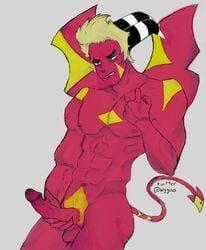 1boy abs bite demon demon_horns erection genitals helluva_boss horn horny humanoid jesse_(helluva_boss) male male_only muscles muscular muscular_male penis piercing red_body red_skin solo solo_focus wgguus white_hair wings