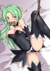 07th_expansion angel_mort_uniform arms_behind_back big_breasts bondage bound breasts busty cleavage exposed_thighs female femsub gag gagged green_eyes green_hair higurashi_no_naku_koro_ni kanie_did large_breasts leg_up medium_breasts partially_exposed_nipples restrained rope rope_bondage shion_sonozaki solo spread_legs tape_gag taped_mouth thighs tied_up