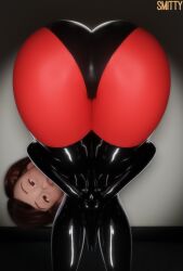 1girl 3d absurdres amen_pose amen_pose_(meme) artist_name ass ass_focus black_thighhighs brown_eyes brown_hair commentary elastigirl english_commentary from_behind helen_parr highres huge_ass latex looking_at_viewer mature_female praise_da_booty_(meme) smile smitty34 solo superhero_costume the_incredibles thick_thighs thighhighs thighs