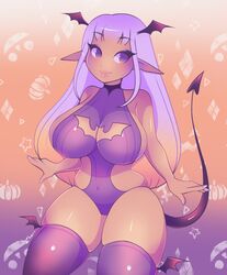 backless_outfit bat_wings big_breasts bodysuit breasts cleavage cleavage_cutout cleavage_window dark-skinned_female dark_skin demon_girl demon_tail digital_media_(artwork) droopy_ears elf_ears head_wings huge_breasts leotard ombre_hair orange_background orange_hair orange_skin pointy_ears purple_eyes purple_eyeshadow purple_hair purple_nails ribbed_bodysuit ribbed_leotard see-through see-through_clothing squishy stella_(zharxart) succubus thick_thighs zharxart