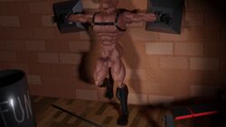 16:9 3d_(artwork) abs anthro balls barrel bench biceps big_muscles black_clothing black_footwear black_gloves black_handwear black_harness black_socks bondage bondage bound bovid bovine brick_wall clothed clothing digital_media_(artwork) faceless_character faceless_male facial_hair footwear genitals gloves goatee gym_equipment handcuffed handwear hi_res male male/male mammal manly mindorbody muscular muscular_anthro muscular_male nipples partially_clothed pecs penis quads socks solo wall_(structure) widescreen wood_floor