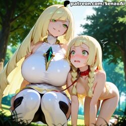 2girls ai_generated all_fours big_breasts bitch_taken_for_walk blonde_female blonde_hair blush blushing_female clothed_female_nude_female clothing collar completely_nude doggy_style female_only grass green_eyes grin humiliation leash leash_and_collar lillie_(pokemon) lusamine_(pokemon) mother_and_daughter nude outdoors park petgirl petplay pokemon pokemon_sm senzoai slave slave_collar trees yuri