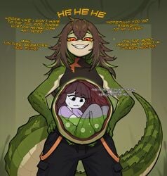 ai ai_generated brown_hair clothing crocodile crocodile_girl english_text female_only female_prey green_body irony jaiden jaiden_(jaiden_animations) jaiden_animations jaidenanimations kairyu_crocodile pants scail self_vore sharp_teeth smug_face stomach_acid tail text two-tone_body vore vore_belly white_skin x-ray