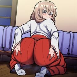 1girls ai_generated analover21 bedroom big_ass blush female female_only grabbing_own_ass katase_shiori looking_back miko_outfit novelai on_knees shortstack uchi_no_kaisha_no_chiisai_senpai_no_hanashi