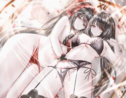 2girls absurdres age_fx azur_lane bikini black_bra black_garter_belt black_garter_straps black_hair black_panties black_thighhighs bra breasts chinese_commentary clock commentary_request date_a_live dual_persona female/female female_only fingering fingering_partner garter_belt garter_straps hair_over_one_eye hand_under_clothes heterochromia highres large_breasts lingerie long_hair multiple_girls navel official_alternate_costume panties red_bikini red_eyes red_headdress selfcest smile stomach swimsuit thighhighs thighs tokisaki_kurumi tokisaki_kurumi_(spirit) tokisaki_kurumi_(twin_rose) underwear very_long_hair yellow_eyes yuri