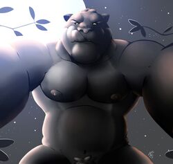 2017 anthro big_muscles black_sclera cougar felid feline first_person_view fur hi_res licking licking_lips looking_at_viewer low-angle_view male mammal moon muscular muscular_anthro muscular_male night nipples nude overweight overweight_male pink_nipples pink_nose pink_tongue rheobear solo tan_body tan_fur tongue tongue_out yellow_eyes