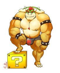 2017 3_toes 4_fingers anthro armband bara barazoku big_muscles body_hair bowser bracelet bulge chest_hair claws clothed clothing eyebrows feet fingers green_body green_scales grin hair happy_trail hi_res horn humanoid_hands jewelry koopa looking_at_viewer male male_only mario_(series) multicolored_scales musclegut muscular muscular_anthro muscular_male nintendo nipple_piercing nipple_ring nipples piercing pink_nipples plantigrade red_eyes red_hair rheobear scales scalie shell simple_background smile solo spiked_armband spiked_bracelet spiked_shell spikes spikes_(anatomy) standing super_mario_bros. tan_body tan_scales thick_eyebrows toes topless underwear underwear_only video_games white_background white_claws white_horn yellow_body yellow_scales