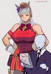 1boy 1girls artist_name bow breasts ear_bow faceless_male fully_clothed gloves gold_ship_(red_strife)_(umamusume) gold_ship_(umamusume) grey_hair hands_on_hips height_difference holding_clipboard holding_pen horse_ears horse_girl large_breasts looking_down muscular muscular_female no_sex red_dress red_eyes shorter_male size_difference sleeveless sleeveless_dress tall_female taller_female tomatoketchup96 trainer_(umamusume) umamusume umamusume_pretty_derby very_long_hair