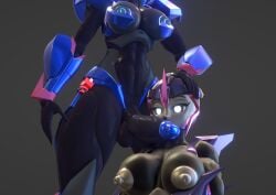 1futa 1girls 3d abs arcee arcee_(prime) black_skin blue_armor blue_eyes cliffjumper female futanari glowing_nipples grey_nipples jiggylewds key_chain transformers transformers_prime