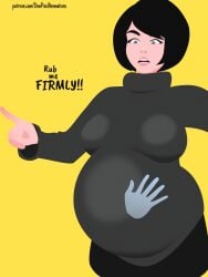 belly_rub big_breasts big_pregnant_belly black_hair bouncing breasts dimpixelanimations grey_shirt pregnant_female