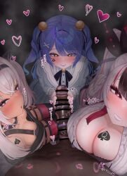 1boy 3girls absurdres amamiya_kokoro arm_tattoo bar_censor bell black_choker black_hairband blacked_female blue_hair blue_lips blush breast_tattoo breasts brown_eyes censored choker cleavage commentary_request crossed_bangs dark-skinned_male dark_skin eyelashes f_he4rt facial_tattoo girthy_penis grey_hair hair_bell hair_ornament hairband handjob harem heart heart-shaped_pupils highres interracial kurosanji large_breasts large_penis lipstick_mark lipstick_mark_on_penis lipstick_ring long_hair looking_at_viewer matsukai_mao medium_breasts multicolored_hair multiple_girls nijisanji open_mouth penis pink_eyes pov queen_of_spades_symbol rainbow_party red_eyes smile sound_effects spade_(shape) spade_tattoo spiked_choker spikes straight streaked_hair symbol-shaped_pupils tattoo teamwork teeth twintails two_side_up very_dark_skin virtual_youtuber yorumi_rena