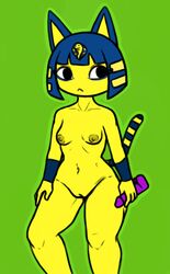 adhesivesocks animal_crossing ankha ankha_(animal_crossing) anthro breasts digital_media_(artwork) dildo domestic_cat egyptian eyeliner felid feline felis female genitals looking_away makeup mammal navel nintendo nipples pussy sex_toy simple_background solo video_games yellow_body