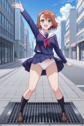 :d ai_generated arm_up asymmetrical_bangs black_socks blue_serafuku blue_shirt blue_skirt blue_sky blush bow bow_panties breasts brown_footwear brown_hair building city clothes_lift clothing cloud crotch_seam day female footwear full_body green_eyes hair_ornament hairclip kneehighs loafers long_sleeves looking_at_viewer medium_hair midriff_peek miniskirt miyazaki_chisaki neckerchief open_mouth outdoors panties pantsu pantyshot pleated_skirt red_neckerchief road sailor_collar school_uniform serafuku shirt shoes short_hair shounen_jump skirt skirt_lift sky smile socks solo standing street teenage teenage_girl teenager underwear uniform waving white_panties white_sailor_collar wind wind_lift yuragisou_no_yuuna-san
