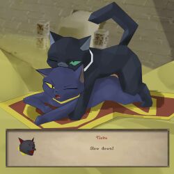 ambiguous_penetration animal_genitalia animal_penis bite biting_another biting_partner black_body black_fur blue_body blue_fur bob_the_cat_(runescape) chat_box collar collar_only desert dialogue duo female feral flying_carpet from_behind_position fur genitals godforgiveme4 green_eyes hi_res magic_carpet male male/female mounting neck_bite neite_(runescape) nude old_school_runescape one_eye_closed penetration penis pyramid runescape sex tail white_collar yellow_collar yellow_eyes