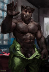 1boy 2021 abs anthro balls biceps black_body black_fur bodily_fluids brown_body brown_fur chunie clothed clothing detailed_background digital_media_(artwork) ear_piercing ear_ring eyebrows fur genitals gesture hairy hi_res humanoid_genitalia humanoid_penis inside looking_at_viewer male male_only mammal mechanic muscular muscular_male navel nipples penis penis_base piercing presenting presenting_penis pubes solo suid suina sus_(pig) sweat topless tusks undressing vein veiny_penis waving wild_boar