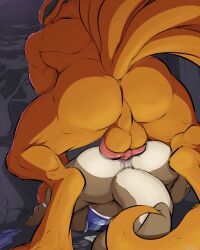 anal anal_sex anthro anus ass balls big_dom_small_sub big_penis bodily_fluids brown_body brown_fur dominant fur genital_fluids genitals hi_res kurama_(naruto) male male/male male_penetrated male_penetrating mammal mustelid nude_male orange_body orange_fur otter otter_tail outside pandottermon parker_(pandottermon) penetration penis perineum pink_anus precum raised_tail size_difference tail
