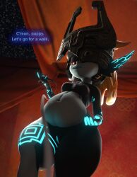 absurd_res belly big_belly chubby chubby_female female genitals glowing glowing_eyes glowing_genitalia glowing_markings hi_res holding_leash holding_object imp leash looking_at_viewer looking_down low-angle_view markings midna nintendo not_furry nude outside palewdasarts_(modeler) shimshimakaze short_stack solo the_legend_of_zelda thick_thighs twili twilight_princess uncle_lu_(modeler) vulva