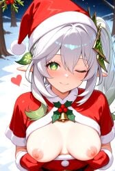 1girls adult_female aged_up ai_generated blush breasts breasts_out christmas dress female_only genshin_impact green_eyes green_hair hair_accessory hair_ornament medium_breasts mistletoe multicolored_hair nahida_(genshin_impact) nipples non-canonical_breasts non-canonical_size outside pointy_ears santa_dress santa_gloves santa_hat side_ponytail smile snow solo_female trees white_hair