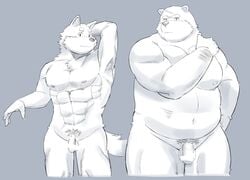 2021 anthro balls belly canid canine canis domestic_dog duo flaccid genitals humanoid_hands kemono male mammal moobs muscular muscular_male nipples overweight overweight_male penis simple_background sv_grart ursid