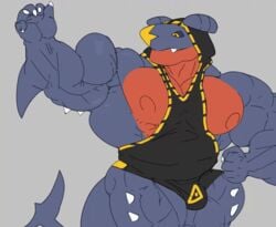 2021 2d abs animated anthro barazoku biceps big_muscles bottomwear bulge claws clothed clothing emanata extreme_muscles flexing garchomp gif grey_background hood huge_muscles loop male male_only muscular muscular_anthro muscular_male nintendo nipples obliques pecs pokémon_(species) pokemon pokemon_(species) quads shirt short_playtime shorts simple_background sleeveless_hoodie smile solo spikes spikes_(anatomy) standing terrybear23 thick_thighs topwear vein veiny_muscles video_games