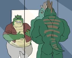 anthro belly birdy bulge clothing dinosaurs_(series) duo earl_sinclair father father_and_child father_and_son genital_outline green_body green_scales incest male male/male nude overweight overweight_male parent parent_and_child penis_outline robbie_sinclair scales scalie smile smirk son tagme yaoi