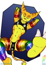 anthro armwear bulge clothing eyebrow_piercing facial_piercing feet hands_behind_head hi_res iudicium86 legwear lgbt_pride lombax male male_only mammal nipple_piercing nipples paws piercing pride_color_armwear pride_color_clothing pride_color_legwear pride_colors rainbow rainbow_flag rainbow_pride_flag rainbow_symbol ratchet_and_clank rubber six-stripe_rainbow_pride_colors solo sony_corporation sony_interactive_entertainment thong underwear video_games