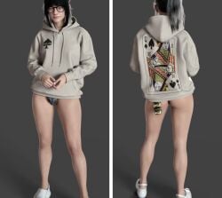 3d 3d_(artwork) ass bangs black_hair cheating cheating_wife condom condom_packet_strip condom_wrapper condoms cuckold dark_hair front_and_back glasses hdr_ntrgirl hdregrets hoodie hot_pants hotpants jean_shorts micro_shorts microshorts minishorts netorare ntr pubic_hair queen_of_spades queen_of_spades_symbol wedding_ring