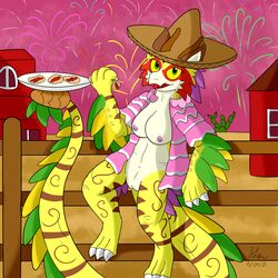 1:1 anthro avian bird bird_dragon breasts clothing dress feathers female fireworks food hat headgear headwear hi_res hybrid hzfow mexico peak solo sombrero taco tail_feathers