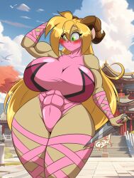 1girls amanda_(mastergodai) anthro blonde_hair blush female furry goat horns huge_breasts kunai leotard mastergodai muscular_female ninja rascals solo tan_fur thick_thighs wide_hips