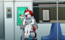 16:10 2021 absurd_res anthro anthro_on_anthro artbyyellowdog cybernetic_leg cybernetic_limb digital_media_(artwork) duo equid equine fur hair hi_res hooves horn horse inside male male/male male_only mammal maxi_chevalier on_lap public public_transportation red_hair seat shaded sitting_on_lap subway unicorn white_body white_fur widescreen