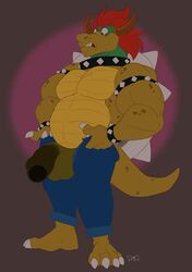 anthro armband balls bara big_penis bottomwear bowser bracelet brown_body brown_scales brown_skin claws clothed clothing collar denim denim_clothing dragon feet foreskin genitals green_body green_scales green_skin hair hi_res holding_bottomwear holding_clothing holding_object holding_pants horn jeans jewelry koopa male male_only mario_(series) multicolored_body multicolored_scales musclegut nintendo open_mouth pants pecs penis red_hair scales scalie shell signature snout solo spiked_armband spiked_bracelet spiked_collar spiked_shell spikes spikes_(anatomy) teeth toomuchdynamite topless two_tone_body two_tone_scales unzipped unzipped_pants video_games