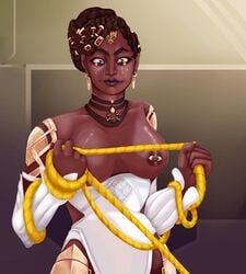 arcane black_female black_hair bondage breasts breasts_out dark_skin league_of_legends mel_medarda rope rope_bondage white_dress