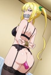1girls ai_generated anal anal_object_insertion arms_behind_back ass bed black_bra black_thighhighs blonde_hair bondage bound bound_arms bound_wrists bra breasts clothing dildo dildo_in_ass female female_only from_behind gag gagged garter_belt green_eyes hair_bobbles hair_ornament himegami_kodama improvised_gag indoors kadokawa kadokawa_corporation kadokawa_shoten legwear lingerie long_hair long_twintails looking_at_viewer looking_back maken-ki! medium_breasts no_panties object_insertion rope sex_toy shiny_skin solo tape tape_gag teenage teenage_girl teenager thighhighs twintails underwear vaginal_penetration