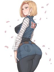 1girls absurd_res android_18 blonde_hair blue_eyes clothing dragon_ball dragon_ball_z female female_only legs_together mandytsune medium_hair petals solo solo_female thick_thighs white_background