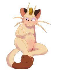 alpha_channel anthro battycat blush body_blush claws claws_out female genitals hi_res looking_down meowth nintendo pokémon_(species) pokemon pussy pussy_blush sitting solo tuft video_games whisker_tuft