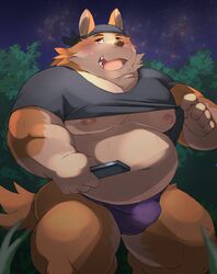 2021 anthro asian_clothing ayame42612 belly blush bodily_fluids brown_body bulge canid canine canis cellphone clothing detailed_background domestic_dog east_asian_clothing fundoshi hi_res humanoid_hands japanese_clothing kemono male mammal moobs night nipples outside overweight overweight_male phone shirt smartphone solo sweat topwear underwear