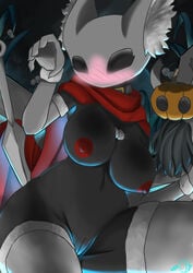 anthro areola armwear arthropod ass big_breasts big_butt black_body blush breasts choker claws cloak clothed clothing collar costume curvaceous curvy_figure digital_media_(artwork) duo ears_up elbow_gloves embarrassed female fluffy food fruit fur genitals gloves halloween handwear hi_res holidays hollow_knight hornet_(hollow_knight) hornyan insects jewelry legwear lingerie looking_at_viewer navel necklace nipples plant protagonist_(hollow_knight) pumpkin pussy red_clothing skimpy smile solo stockings team_cherry thick_thighs thigh_highs tight_clothing tuft vessel_(species) video_games voluptuous white_body white_fur wide_hips wide_thighs woebeeme