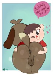 2boys anal_musk animal_crossing animal_crossing_boy animal_crossing_new_leaf animal_ears antelon anthro anus ass ass_focus ass_grab ass_sniffing backsack balls big_ass big_butt black_eyes blue_background bottomless brown_body brown_fur brown_hair bubble_ass bubble_butt butt butt_grab butt_hug butt_sniffing canid canine canis clothed clothing darkened_balls darkened_genitalia dat_ass dialogue digby_(animal_crossing) digital_drawing_(artwork) digital_media_(artwork) dog_ears dog_tail domestic_dog duo english_text fat_ass fat_butt fur furry genitals gradient_background group hair hand_on_another's_butt hand_on_butt hands_on_ass heart hi_res human human_on_anthro humanoid_genitalia male male/male male_only mammal multiple_boys musk nintendo one_eye_closed plump_ass raised_tail red_shirt round_ass round_butt shih_tzu shirt short_hair short_sleeves signature simple_background smile sniffing speech_bubble tail testicles text text_with_heart thick thick_ass thick_thighs topwear toy_dog twitter two_tone_tail video_games villager_(animal_crossing) white_border wide_hips