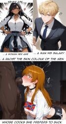 2020s 2025 2boys 2girls 3koma ai_generated big_ass big_breasts big_penis black_choker black_penis black_shorts blush brown_eyes brown_hair caption caught caught_in_the_act confederate-chan confederate_flag_shirt cross cross_earrings dark-skinned_female dark-skinned_male dark_skin deepthroat english_text fellatio female huff huffing in_heat indoors kneeling kneeling_female kneeling_oral_position light-skinned_female light-skinned_male light_skin long_hair long_sleeves looking_at_viewer male male/female meme meme_reference original original_character original_characters penis penis_in_mouth raceplay racism racist racist_woman raised_eyebrows saliva saliva_drip sexism soldatnr444 sucking_penis text thick_thighs underboob underbutt veiny_penis white_shirt wide_open_eyes