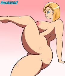 1girls android android_18 ass_focus back back_view big_breasts blonde_hair blue_eyes breasts curvy curvy_body curvy_female curvy_figure dragon_ball dragon_ball_super dragon_ball_z female female female_only huge_ass huge_breasts mature maymayumi2 pose posing shounen_jump showing_ass simple_background spread_legs tagme venus_body