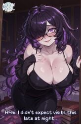 ai_assisted ai_generated aroused big_breasts blush breasts caption clothed clothed_female comic curvy curvy_body curvy_female female female_focus female_only glasses goddess_of_victory:_nikke hair_over_one_eye horny horny_female huge_breasts label_(nikke) large_breasts leaning_forward long_hair messy messy_hair moonwool_branch one_eye_obstructed purple_eyes purple_hair seductive seductive_eyes seductive_look seductive_mouth seductive_pose seductive_smile smile smiling solo solo_female solo_focus talking talking_to_viewer thick_ass thick_thighs thighs uncensored very_long_hair
