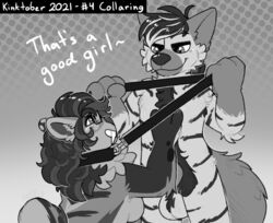 2021 absurd_res anthro balls blush breasts collar crownedvictory dialogue duo eyewear female genitals glasses greyscale hi_res kinktober kneeling leash male monochrome page_4 smile tagme