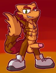 2021 anthro armadillo_girdled_lizard balls big_balls big_penis bottomless brown_body brown_clothing brown_fur brown_scales brown_topwear brown_vest cheek_tuft claws clothed clothing erection eyebrows facial_tuft fangs finger_claws fluffy fluffy_tail footwear front_view fur genitals girdled_lizard glans green_eyes green_pupils grey_clothing grey_footwear grey_shoes hands_behind_head humanoid_genitalia humanoid_penis jewelry lizard looking_at_viewer male male_only necklace orange_balls orange_body orange_penis orange_scales penis pink_glans pupils raised_arms raised_eyebrow red_background red_body red_claws red_fur reptile scales scalie shoes simple_background smile smirk solo tail tan_body tan_fur tan_vest thick_eyebrows topwear tuft ultilix vengeance_drake