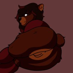 1:1 2021 absurd_res anthro ass bottomless brown_bear brown_body brown_eyes brown_fur brown_hair clothed clothing countershading digital_media_(artwork) female footwear fur furry furry_only genitals hair hi_res legwear looking_back lying mammal multicolored_body on_side partially_clothed plump_labia presenting presenting_pussy pussy rear_view shaded shirt simple_background small_tail smile socks solo stockings tail thick_thighs topwear ursid ursine zephhyr