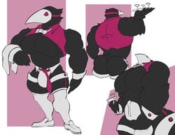 2021 anthro ass avian bara barazoku big_bulge big_muscles big_pecs bodily_fluids bow_tie bulge champagne_glass clothed clothing cum cum_through_clothing cum_through_underwear darkner deltarune erection erection_under_clothing footwear genital_fluids hi_res huge_muscles lactating legband legwear male male_lactation male_only mask milk muscular muscular_anthro muscular_male nipples pecs pink_background plate shoes simple_background socks solo standing swatchling_(deltarune) swirlzeez thigh_highs thigh_socks thighband thong topwear undertale_(series) underwear video_games wet wet_clothing wet_underwear white_background