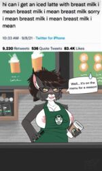 2021 absurd_res alex_(firefox42) amused anthro apron apron_only areola barista beverage big_breasts black_body black_fur black_hair blush breasts cafe claws clothed clothing coffee coffee_cup coffee_shop container cup dialogue digital_media_(artwork) ear_tuft embarrassed english_text eyewear facial_tuft felid feline female fur glasses green_apron hair hi_res holding_object huge_breasts i_mean_breast_milk iced_latte_with_breast_milk inner_ear_fluff inside looking_at_viewer lynx mammal mapledragon_art marker meme mostly_nude narrowed_eyes nipple_slip nipples open_mouth partially_clothed pink_areola pink_nipples pink_nose smile solo text text_on_apron text_on_clothing tuft twitter white_body white_fur yellow_eyes