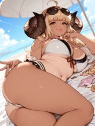 1girl :p ahoge ai_generated anila_(granblue_fantasy) arlequin097 ass bare_shoulders beach beach_umbrella bikini bikini_tan blonde_hair blue_sky blunt_bangs blush breasts cleavage cloud day draph eyewear_on_head flower front-tie_top granblue_fantasy horns large_breasts layered_bikini long_hair looking_at_viewer lying navel ocean official_alternate_costume on_side one-piece_tan outdoors parasol sheep_horns short_eyebrows sky smile solo sunglasses swimsuit tan tanlines thick_eyebrows thighs tongue tongue_out umbrella white_bikini yellow_eyes