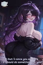 ai_assisted ai_generated aroused big_breasts blush breasts breasts_out caption clothed clothed_female comic curvy curvy_body curvy_female female female_focus female_only from_behind glasses goddess_of_victory:_nikke hair_over_one_eye horny horny_female huge_breasts inviting inviting_to_sex label_(nikke) large_breasts long_hair looking_at_viewer looking_back messy messy_hair moonwool_branch nikke nipples one_eye_obstructed open_mouth purple_eyes purple_hair seductive seductive_eyes seductive_look seductive_mouth seductive_pose seductive_smile smile smiling solo solo_female solo_focus talking talking_to_viewer thick_ass thick_thighs thighs uncensored undressing very_long_hair wavy_mouth