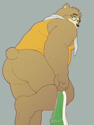 3:4 anthro ass backsack balls barely_visible_balls barely_visible_genitalia black_nose brown_body clothing eyewear genitals glasses hi_res humanoid_hands kemono lifewonders male mammal overweight overweight_male shirt simple_background solo tokyo_afterschool_summoners topwear towel underwear ursid video_games volos yukimushi6